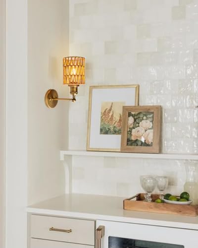 Image of Yosoan Rattan Boho Wrapped Wall Sconce Light, Indoor Hardwired Hand-Woven Farmhouse Vintage Wall Lamps, Brass Handmade Braided Rope Small Straight Shade Wall Mount Fixture for Reading Hallway(Antique)