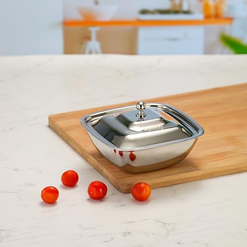 Image of Sumeet Stainless Steel Square Serving Bowl /Curry Bowl /Gravy Pot with lid, 900ml capacity, 17cm Dia, Silver