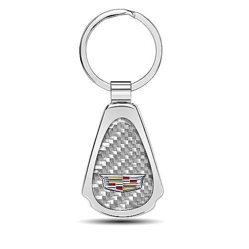 Real Silver Dome Carbon Fiber Chrome Metal Teardrop Key Chain Official Licensed for Cadillac Crest Logo