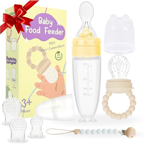 Little Creators - Kit Chupete fruta bebe + Biberón Cuchara Silicona| Mordedor bebe Antiahogo +tetinas de Silicona S,M,L +Cadena Chupetero |sin BPA| Destete + 3meses | BLW| Regalo Original