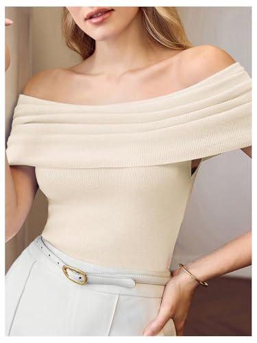 GORGLITTER Women's Off The Shoulder Sweater Short Sleeve Ruched Lightweight Knit Business Casual Tops4