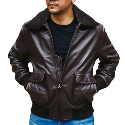 Image of Jild Navy G-1 Real Leather Bomber Jacket Men with Removable Fur Collar - Vintage Flight Aviator Leather Jacket Men