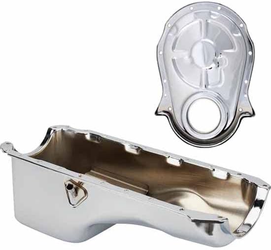 Speedway Motors Chrome Oil Pan and Timing Cover Kit for 1965-1990 BBC, 8-Inch-Deep Wet Sump with Passenger Side Dipstick with a Two-Piece Rear Main, Stamped Steel Chrome Finish