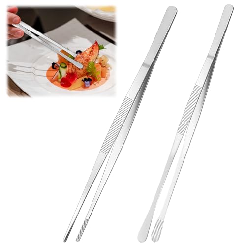 2 Pcs 12-Inch Fine Tweezer Tongs - Extra-Long Stainless Steel Cooking Tweezers for Roasting, Serving, and Stir-Frying -for Grilling, Pickle Spearing, and More