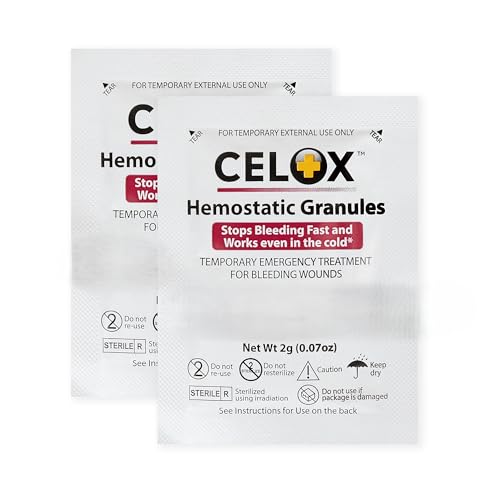 Celox’s Granular Hemostat First Aid Blood Clotting Powder for Wound Care, Camping Safety, and Quick Clot Solution for Moderate to Severe Bleeding, Aid to Stop Bleeding Products 2 Count ILIOS Packaged