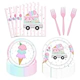 96 Pcs Ice Cream Birthday Tableware Set Ice Cream Truck Shop Party Supplies Summer Here's The Scoop Sweet Happy Birthday Decorations for Girls with Paper Plates Napkins Forks Serves 24 Guests