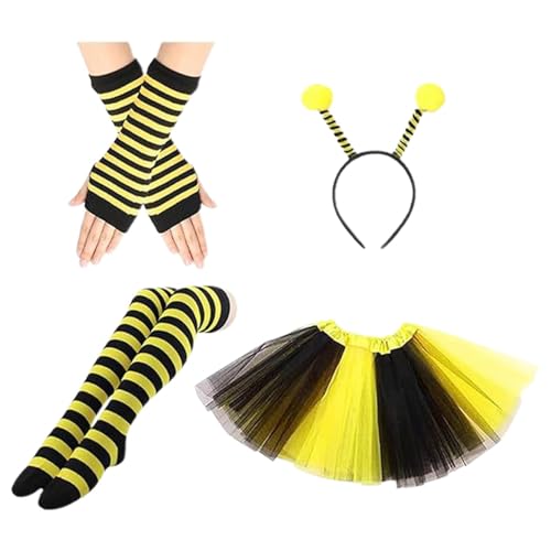 Disfraz de abeja para mujer, para adultos, carnaval, disfraz de abejas, diadema de tul, falda a rayas, calcetines por encima de la rodilla, guantes largos, disfraz de disfraces, fiesta temática