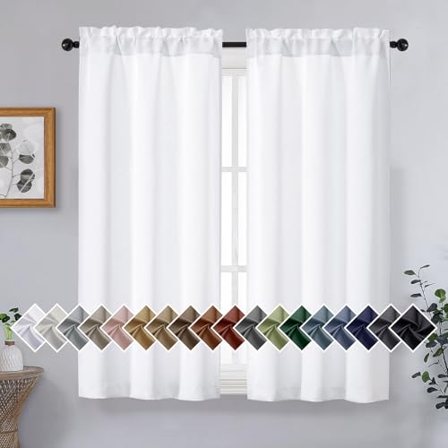 Image of Pure White Short Curtains 45 Inch Length 2 Panels Set, Solid Thermal Insulated Light Filtering Curtains for Bedroom, Soft Fabric Window Drapes, Dual Rod Pocket Design, 2x40Wx45L Inches
