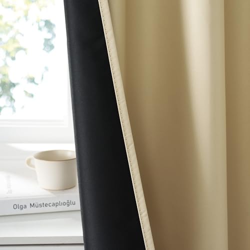 Image of RYB HOME 100% Blackout Short Curtains for Small Window, Thermal Insulated Noise Reducing Back Tab Curtains for Nursery Bathroom Basement, 42 inches Wide by 54 inches Long, Biscotti Beige