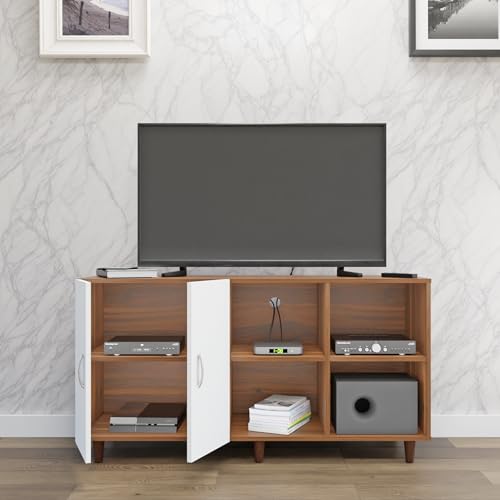 Image of VIKI Modern TV Unit for Living Room | Engineered Wood TV Cabinet with 2 Door Storage & 2 Open Shelves, Entertainment Unit, 140W x 74H x 40D cm | DIY | 1 Year Warranty (Walnut & White)