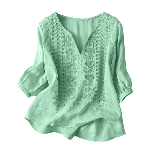 Organic Cotton Tops for Women Linen Tops for Women Embroidered 3/4 Sleeve Bohemian Peasant Shirts V Neck Boho Spring 2026 Gauze Cotton Blouse Flowy Mexican Tunic Green