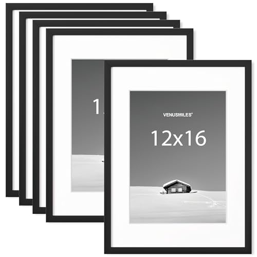 Venusmiles 12x16 inch Picture Frame, 12x16 Photo Frames with Removable Mat - High Definition Plexiglass - Vertical and Horizontal Display - Wall Hanging Frame - Black, 5 Pack