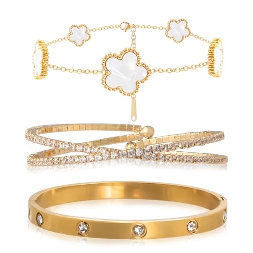 3Pcs Floral 18K Gold Plated Bangle Bracelets for Women Set,Cubic Zirconia Open Heart Gold Stainless Steel Bangle Bracelet Fashionable Jewelry Gift For Wife and Girlfriend