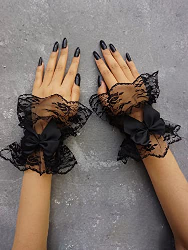 OYOANGLE Women's Floral Lace Bow Front Short Wrist Cuff Wedding Wrist Length Bridal Prom Gloves2