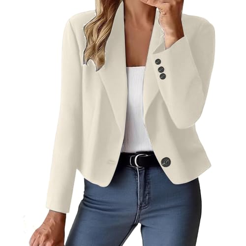 Blazer Femme Chic Et Elegant Veste Tailleur Femme Court Travail Mode Jacket Printemps Long Ceremonie Blouson Tendance Automne Couleur Unie 2#Beige L