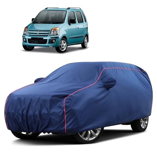 Image of Sulfar 100% Water Resistant Car Body Cover Compatible with Mirror for Maruti Suzuki Old Wagonr (Triple Stitched, Full Bottom Elastic, Blue Taffeta with Red Piping)