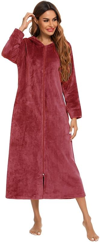Women's Hooded Plush Robe Winter Warm Flannel Fleece Bathrobe with Pockets Long Soft Zipper Front Robe - Image 5