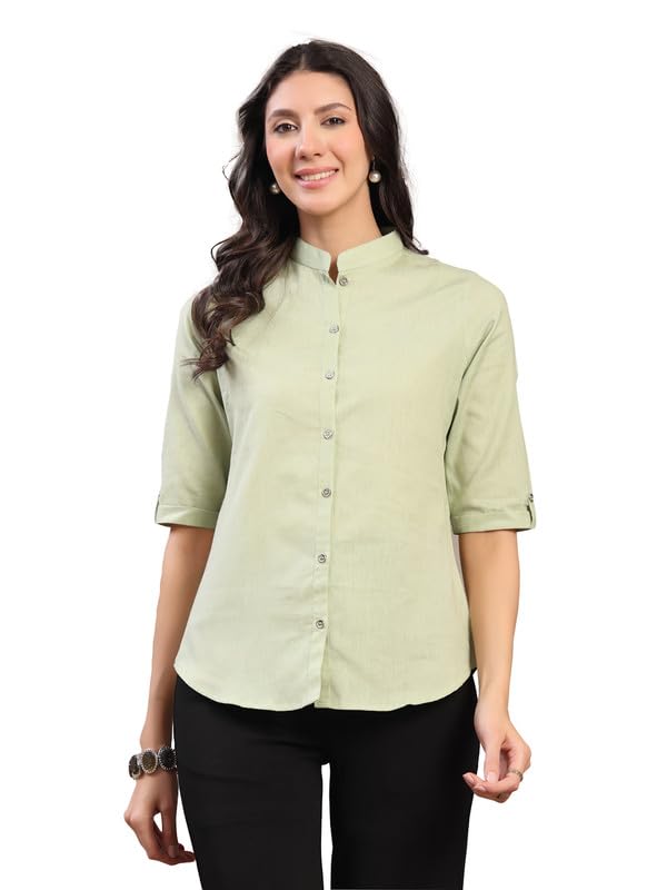 Dennis Lingo Women's Solid Mandarin Collar 3/4 Sleeve Casual Shirt Lightweight Cotton Top in neutral