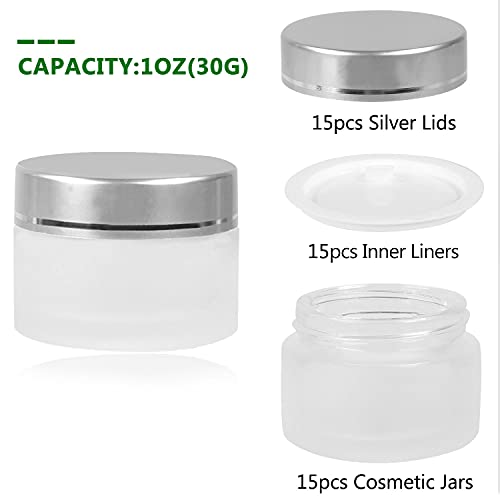 15 Pack 1oz/30g frosted Round Glass Jars - Empty Cosmetic Refillable Containers with Inner Liners, Silvery White Lids… - Image 4