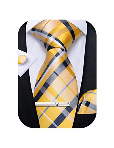 Image of DiBanGu Plaid Ties for Men Silk Checkered Necktie and Pocket Square Cufflinks Tie Clip Set with Gift Box for Wedding Business