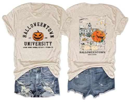 Fall Shirts for Women Halloween Town Graphic University EST. 1998 Front Back Printing Tops Teen Girl Shirts(HZF02BGE Large)