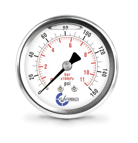 Image of 160 PSI Glycerin Liquid Filled Pressure Gauge, 2.5 inch Dial, 1 /4 NPT Back Mount, 304 Stainless Steel Case, Brass Wetted Parts, Dual Scale PSI /Bar - ASME B40.1 Grade A