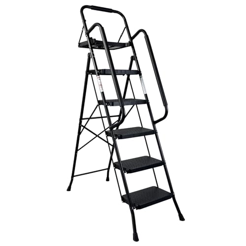 Image of 5 Step Ladder with Handrails, Folding Step Stool with Wide Anti-Slip Pedal, Tool Tray, 500 lbs Capacity Sturdy Steel Ladder, Ladder for Home, Garden, Painting, Outdoor, and Garage, Black