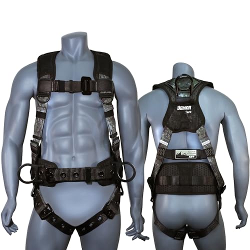 AFP Digital Camo Demon Fall Protection Ergonomic Comfort Safety Harness, Soft Pressure-Relieving Perforated Breathable Padded Foam Shoulder, Legs & Back, 3 D-Rings, Tongue Buckle, Mating Buckle