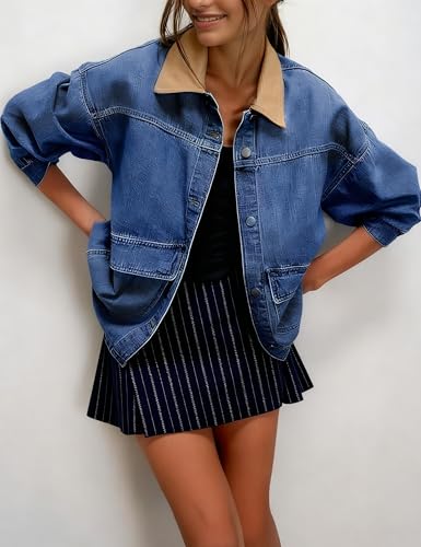 Yeokou Women Oversize Denim Jacket Casual Button Down Jean Coat Long Sleeve Shacket Outfit with Pockets2