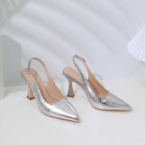 Image of Susanny Slingback Kitten Heels Elegant Dressy Pumps for Women Closed Pointy Toe Sexy Chunky High Heels Wedding Bride Prom Party Dress Shoes