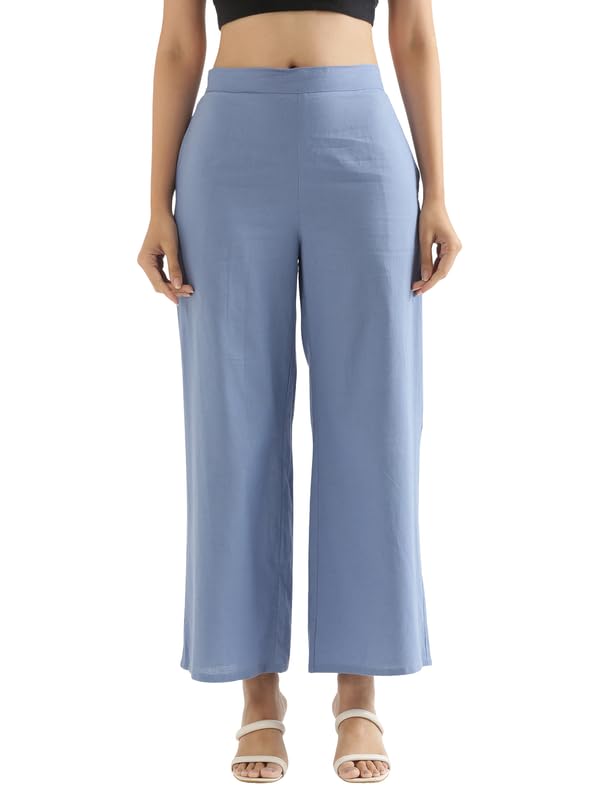 SAADAA Women’s Relaxed Fit Mid Rise Airy Linen Wide Leg Pants, High Waist Trousers for Formal, Casual & Office Wear