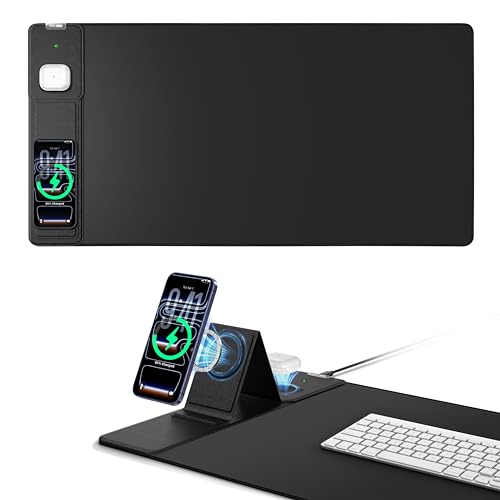 Image of Mouse Pad with Magnetic Wireless Charging & Adjustable Phone Stand, 31.5 inchx15.8 inch Extended Desk Mat, Waterproof Ultra-Smooth Keyboard Pad, Non-Slip Base, Black