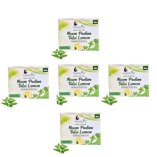 Image of Payal's Neem Pudina Tulsi Lemon Handmade Herbal Soaps | Set of 5 (100g Each) | Natural Bathing Bars for Deep Cleansing, Refreshing Skin Care | Chemical-Free