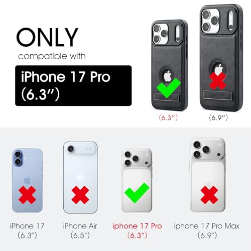 Image of Casus Designed for iPhone 17 Pro Case Compatible with MagSafe Kickstand Vegan Leather Slim Classic Luxury Elegant Thin Protective Cover with Tempered Glass Screen (2025) 6.3 inch - Black
