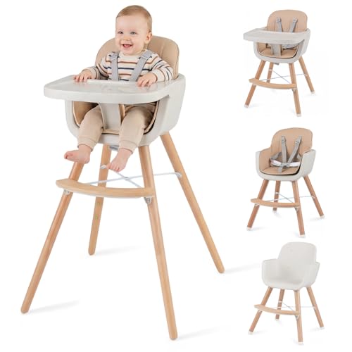 Image of HONEY JOY Baby High Chair, 6-in-1 Eat & Grow Wooden Highchair/Toddler Chair with Removable Tray, 5-Point Harness, PU Cushion and Footrest, Convertible High Chair for Babies and Toddlers(Dark Beige)