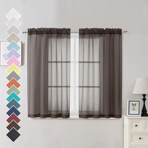 Image of OVZME Chocolate Brown Sheer Curtains 45 Inches Long 2 Panels, Light Filtering Sheer Curtains for Bedroom, Elegant Airy Draperies for Living Room Nursery Room, Dual Rod Pocket, Each 42Wx 45L