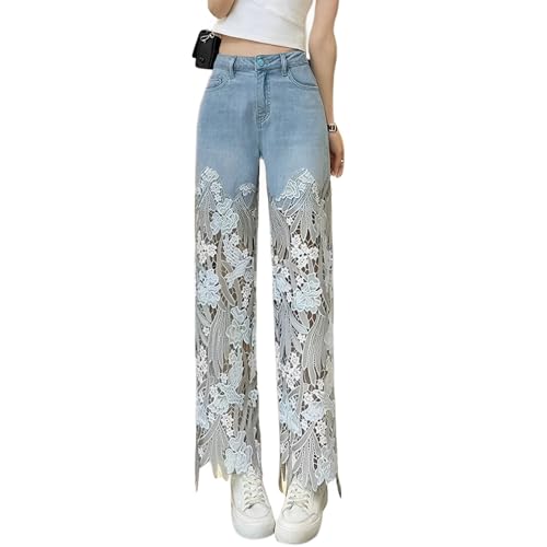 Pantalones Vaqueros Azules De Cintura Alta Y Pierna Ancha para Mujer con Paneles De Encaje Recortados, Pantalones Vaqueros De Cintura Alta con Parches De Encaje, Rotos Y Rotos. (Azul Cielo,3XL)