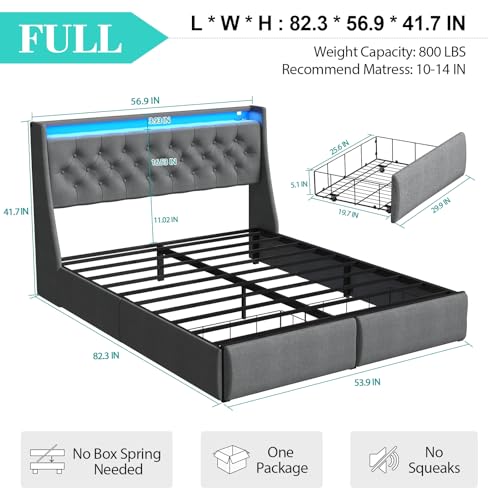 Image of Upholstered Wingback Full Bed Frame with 2 Storage Drawers and LED Lights