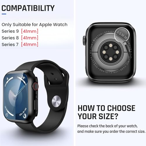 Image of Vemigon Waterproof Case for Apple Watch Series 9 8 7 with Tempered Glass Screen Protector 41mm, Full Coverage Hard PC Bumper Back Frame, Protective Cover for iWatch - (41mm Black)