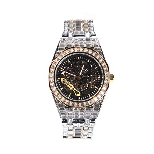 ICEDIAMOND Herren 39MM Mode Durchbrochene Handaufzug Mechanische Armbanduhr, Full Pave Funkelnde Baguette Zirkonia simulierte Diamanten, Luxus Skelett Runde Zifferblatt Uhr (Mixed)