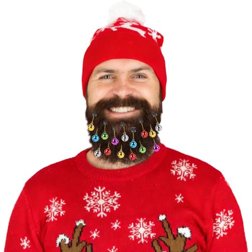 CCINEE Beard Ornaments for Men 24 pcs Christmas Beard Baubles Ornaments Colorful Mini Jingle Bells with Clips for Mustache Hair Accessories Cosplay Parties and Christmas Decoration for Men and Women