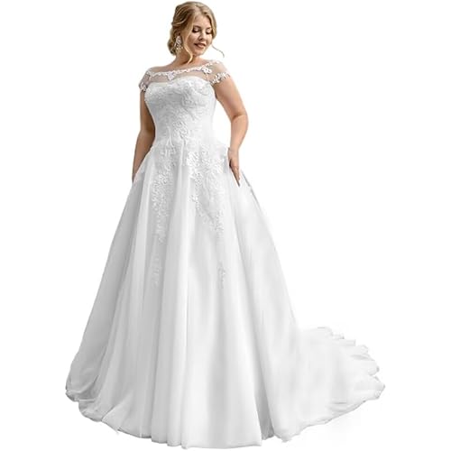 TRHTX Elegant A-line Wedding Dresses for Bride Scoop Neck Lace Wedding Bridal Gowns with Sleeves