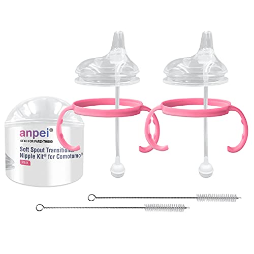 Image of Anpei Sippy Cup Soft Spout Transitional Nipple Kit Bundle Compatible with Comotomo Baby Bottles, 5 oz and 8 oz | Value Bundle 2 Kits + Brushes (Pink)
