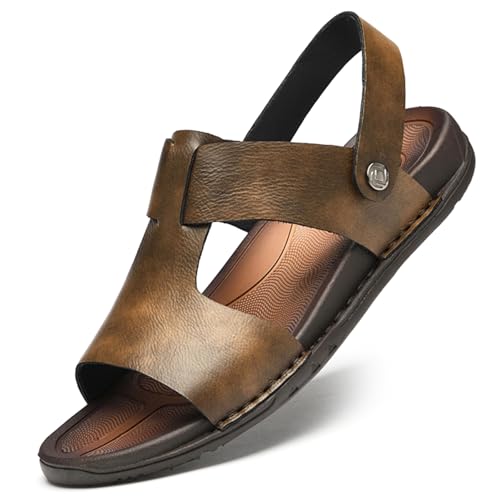 Lossarye Men's Leather Open toe Flat Sandals Summer Adjustable Dual-Use Ankle Straps Soft Arch Support Sandals Casual Non-Slip Slip On Beach Sandals