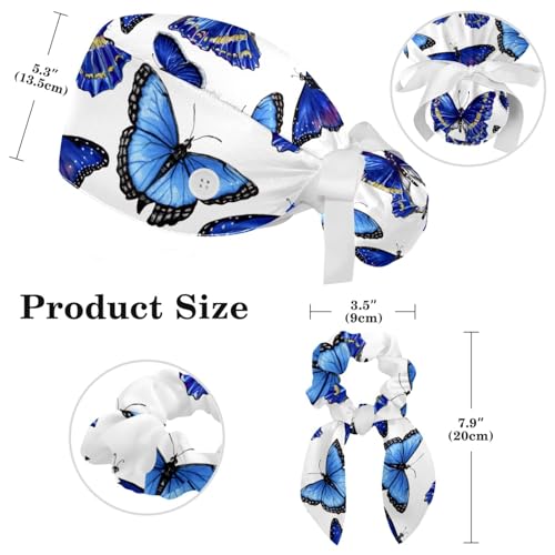 Image of Colored Butterflies Scrub Caps Women, Adjustable Working Cap with Button, Surgical Caps with Bow Hair Scrunchy