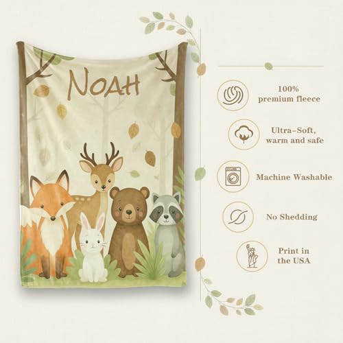 Image of Personalized Woodland Baby Blanket with Name, Custom Name Blanket for Boy, Printed in USA, Super Soft Blankets for Newborn, Customized Gifts for Baby Shower Birthday Christmas