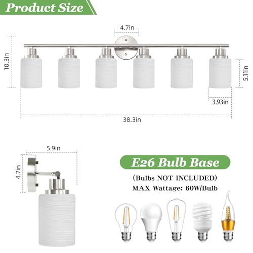 Image of 6-Light Brushed Nickel Vanity Lights for Mirror, Bathroom Light Fixtures with Textured Milky White Glass Shade, Modern Kitchen Light Fixtures Wall Sconce Light - E26 Base