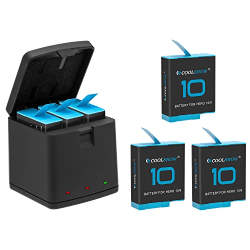 COOLSHOW Hero 10 Akku Ersatz 3 Packungen und 3 Kanal Storage Hero 10 Ladegerät Box kompatibel mit GoPro Hero 10 schwarz, GoPro Hero 9 schwarz (voll kompatibel mit Hero 10/9 Akku und Ladegerät) Cover
