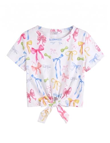 Image of Arshiner Girls Short Sleeve Shirts Tie Knot Front Tops T Shirts for Kids Crewneck Cute Casual Tie Dye Tee Blouse