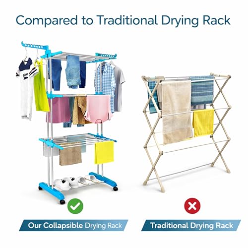 Image of JIALTO Foldable Clothes Drying Stand with Wheels, 3 Layer Heavy Duty Stainless Steel Cloth Dryer Stand, Multi Tier Big Size Garment Dryer for Bedroom, Balcony & Outdoor Use